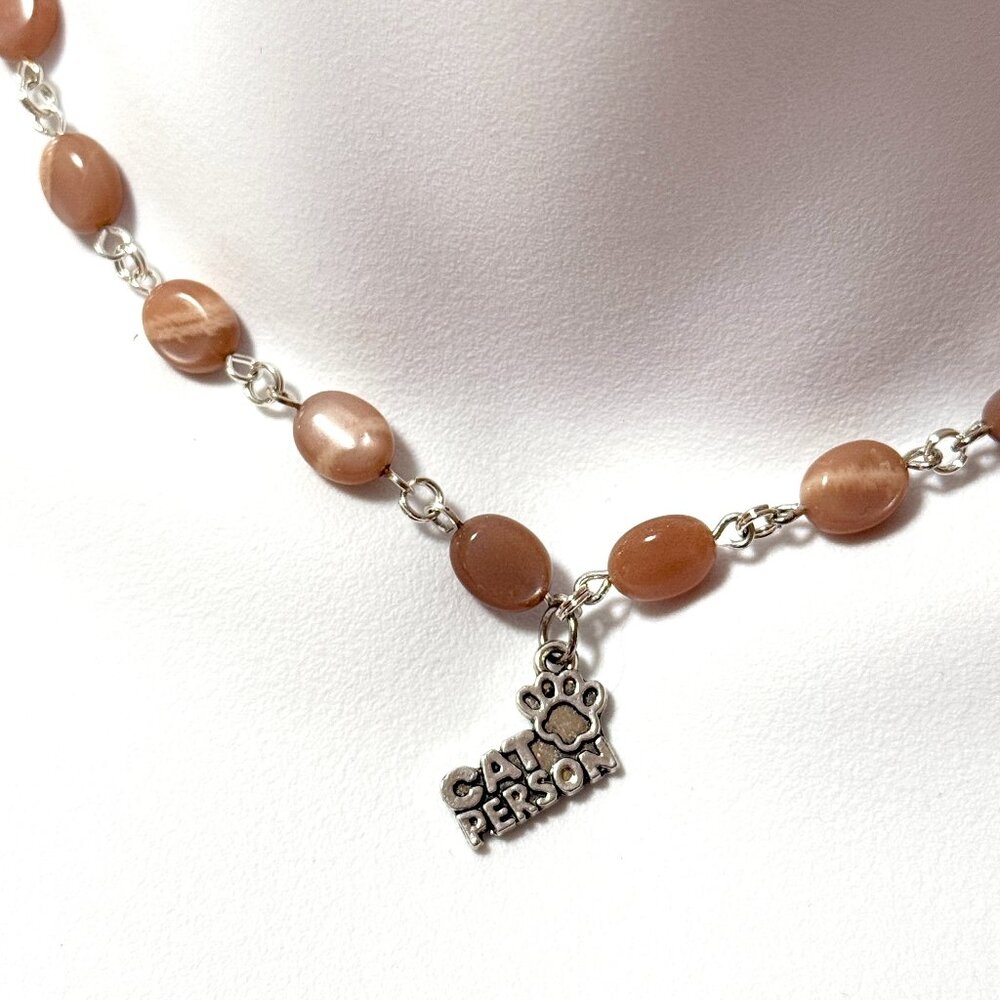 Peach Moonstone Adjustable Choker, Cat Person Paw Print Pendant+Genuine Gemstone